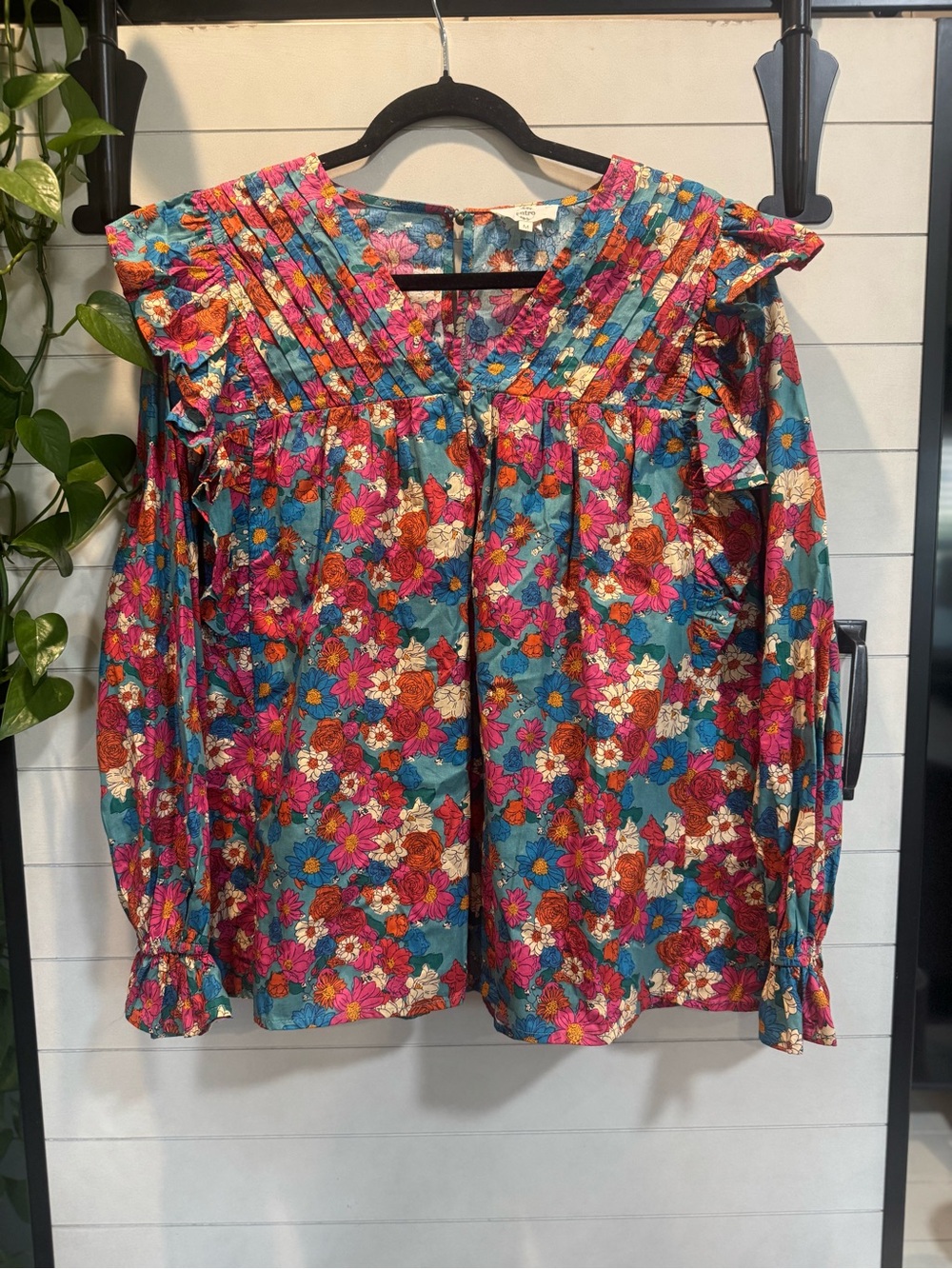 entro Teal Floral Pintuck Ruffle Blouse with Pink Accents